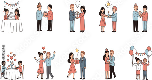 Anniversary Celebration Scenes Collection with Couples, Romantic Moments, Dinner, Dancing, and Party Elements for Love Event and Relationship Design Projects.