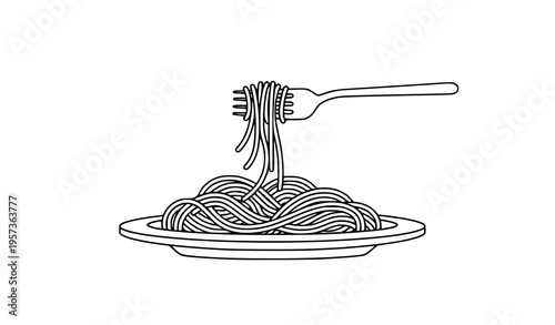 Plate of spaghetti line art modern Italian food dinner vector illustration