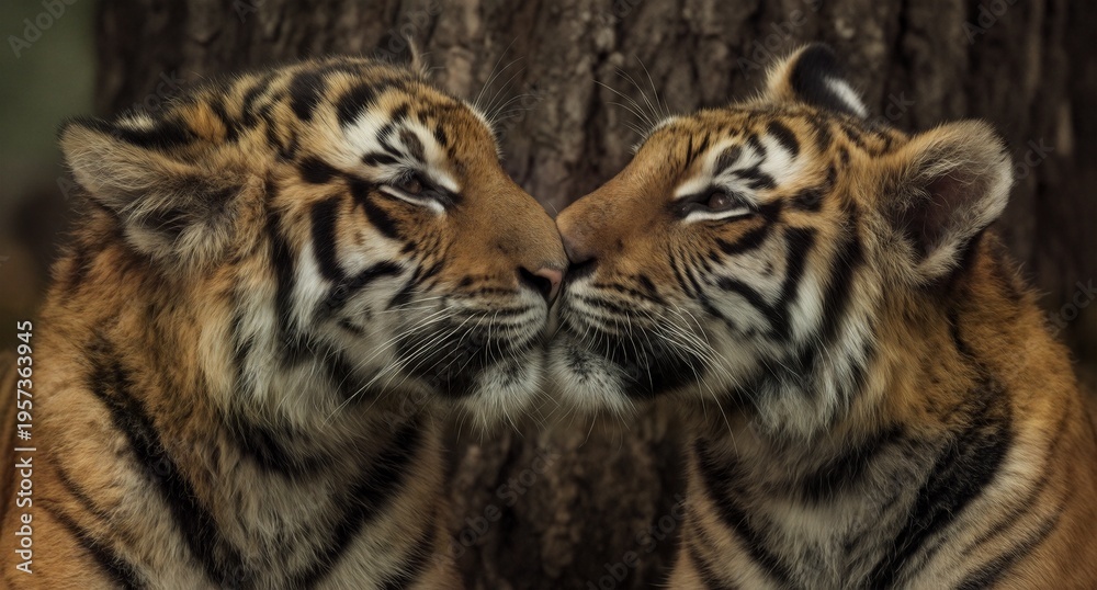 Fototapeta premium adorable sumatran tiger cubs nuzzle noses in a tender moment.