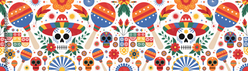 Colorful Mexican Day of the Dead pattern with skulls and flowers  