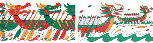 Traditional dragon boat racing with colorful designs on water  
