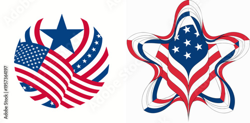 Abstract American flag designs in red, white, and blue colors  
