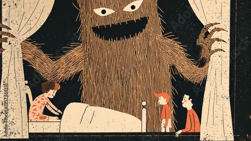 Whimsical Monster Illustration: Colorful Fantasy Creature in Scary but Cute Children's Art for Bedtime Story Adventure