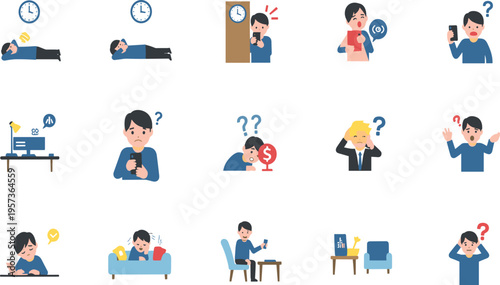 Business Stress and Problem Situations Illustration Set with Office Worker Characters Showing Confusion, Overwork, Deadlines, and Emotional Reactions for Corporate Design Projects.