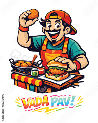 Vada Pav Street Food Cartoon Character Vector Illustration.