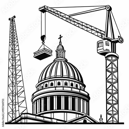 Cranes constructing a building dome construction architecture