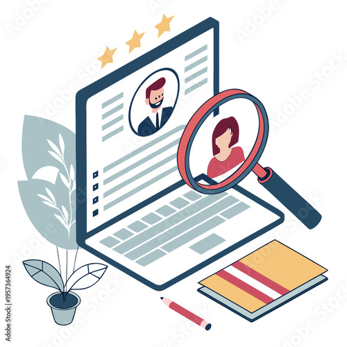 Laptop with profile and magnifying glass on screen