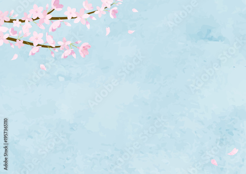 水彩の桜と青空の背景フレーム