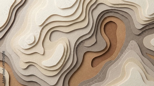 Abstract topographic map contour lines forming a layered textured background with natural earth tones and neutral colors creating a sense of depth and geological stratification