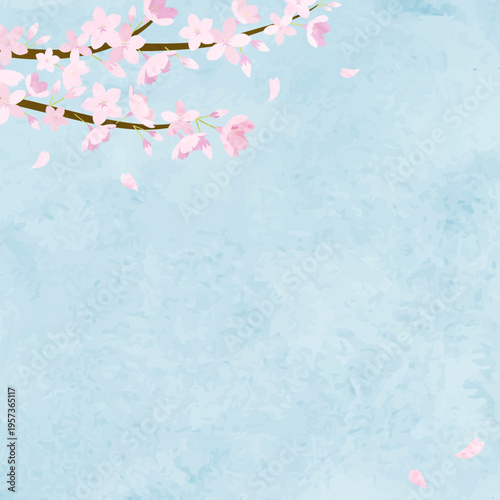 水彩の桜と青空の背景フレーム