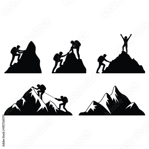 Silhouettes illustrate the stages of climbing a mountain showing teamwork