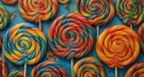 colorful swirl lollipops arranged on a rustic blue wooden background.