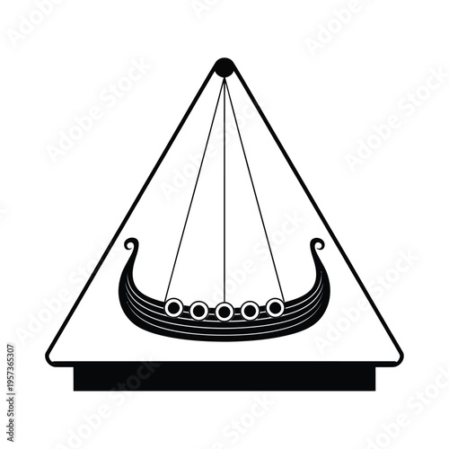 Simple black and white illustration of a viking ship within a triangle