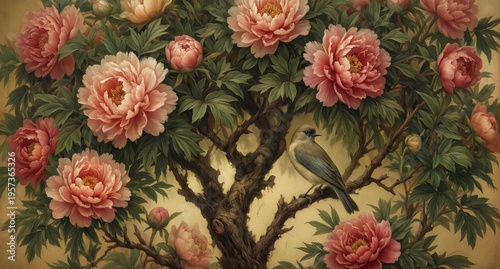 delicate pink peonies in bloom with a small songbird perched on branch.