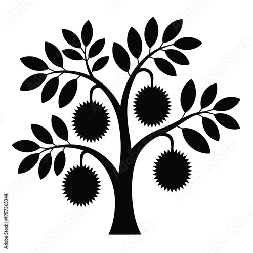 Stylized black silhouette of a durian tree with fruit and leaves
