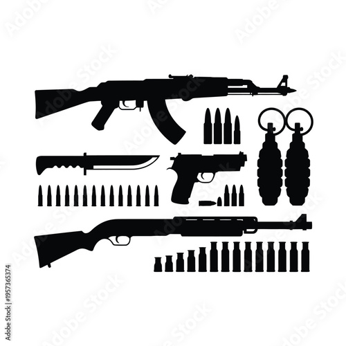 Silhouette depiction of various firearms ammunition and related weaponry