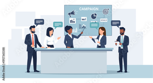 Business team presenting marketing campaign in modern flat illustration with blue color scheme in professional setting for advertising