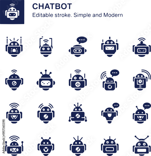 Chatbot icon collection featuring various robot head designs with speech bubbles for customer service interface