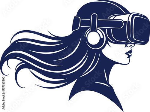 Woman wearing virtual reality headset VR goggles futuristic technology immersive entertainment experience exploring
