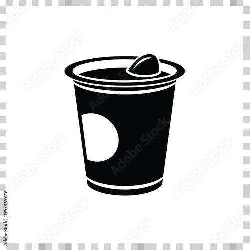 Black disposable cup with a lid and a small spoon resting on top