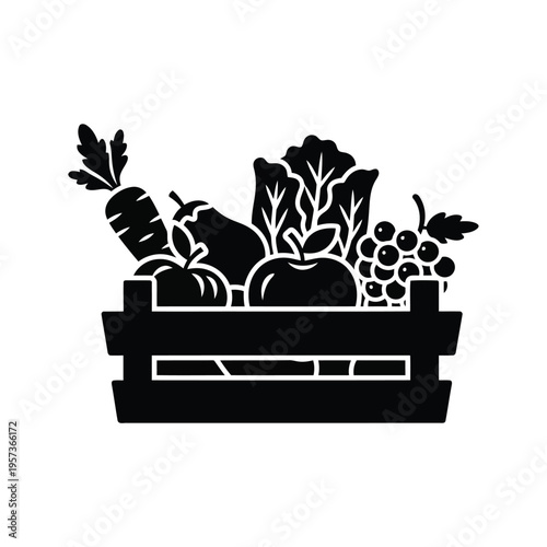 Black and white illustration of a vegetable garden planter box filled with fresh produce.