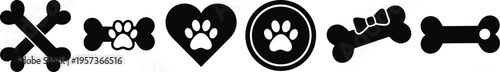 Dog bone paw pet animal silhouette icon set love