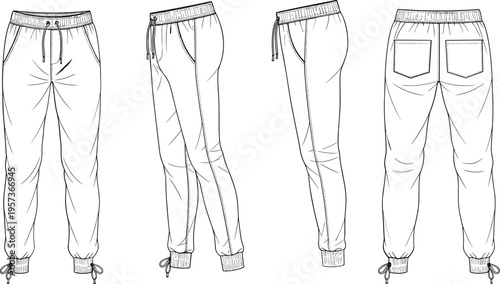 Black and white line drawing of four views of jogger pants sweatpants trousers