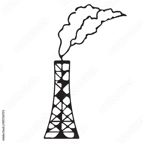 A high blue sky frames the metal steel tower of a nuclear power plant structure with smoke rising near an industrial telecommunication radio mast and energy building