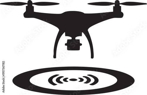A black silhouette of a modern drone hovering above a circular icon indicating signal transmission on transparent background