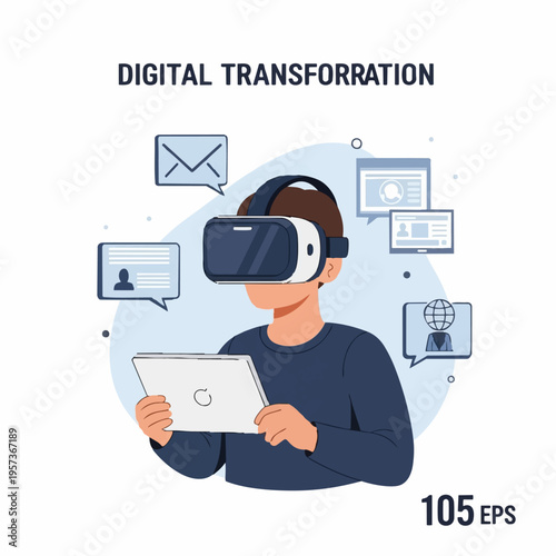 Man wearing VR headset holding tablet.