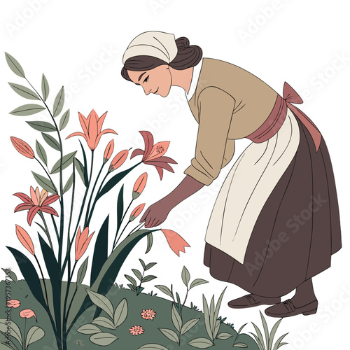 Woman Tending to Pink Flowers gardening green leaves