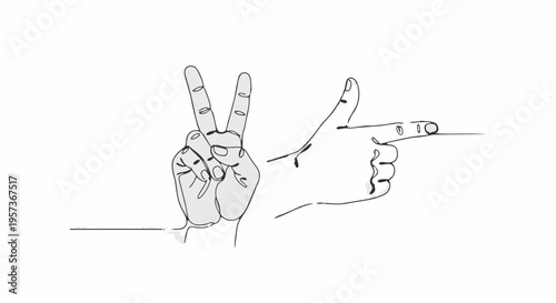 Hands making peace and pointing gesture.