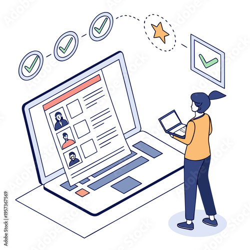 Woman reviewing resumes on a laptop office