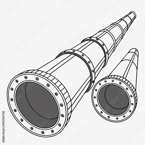 Large and small metal pipes with flanges industrial pipes