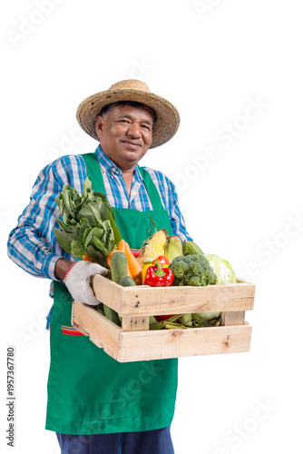 Smiling Older Farmer Man Holding Wooden Crate Fresh Vegetables Studio Background Happy Healthy