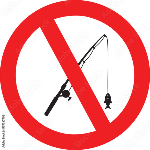 A red prohibition sign with a silhouette of a fishing rod and a hooked fish indicating no fishing is allowed on transparent background