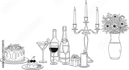 Celebration still life with cake champagne wine flowers and candles vector