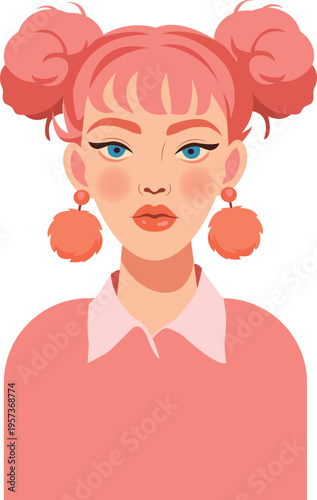 Fashion girl with pink hair and earrings, trendy female portrait illustration