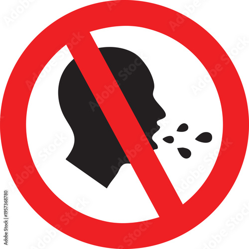 A clear red circular prohibition sign with a diagonal line crosses over a black silhouette of a person spitting.