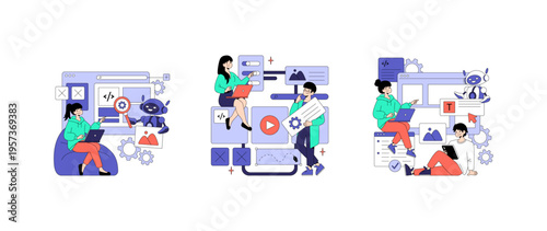 Digital Interaction with Robots Vector Illustration Set