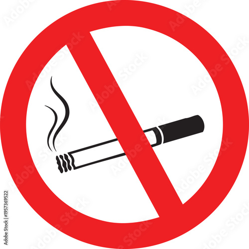 A distinct red circular sign with a prohibiting diagonal line over a black cigarette icon, indicating no smoking allowed.