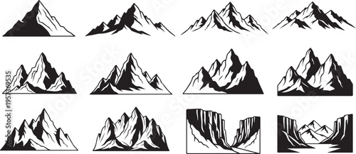 Collection of black and white mountain silhouettes in various styles. Collection of silhouette images isolated on transparent
