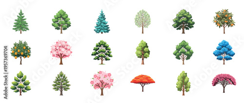Tree icons collection featuring oak maple pine palm willow and evergreen forest plants decorative botanical outline line editable stroke nature set.