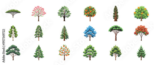 Tree icons collection featuring oak maple pine palm willow and evergreen forest plants decorative botanical outline line editable stroke nature set.