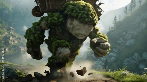 Majestic moss-covered giant stone golem carrying a quaint village on its shoulders as it strides through an enchanting misty fantasy landscape.