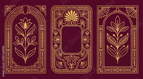 Ornate vintage card back design with gold botanical borders on a deep purple background, decorative frames illustration
