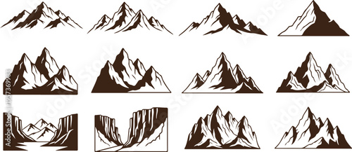 Collection of black and white mountain silhouettes in various styles. Collection of silhouette images isolated on transparent