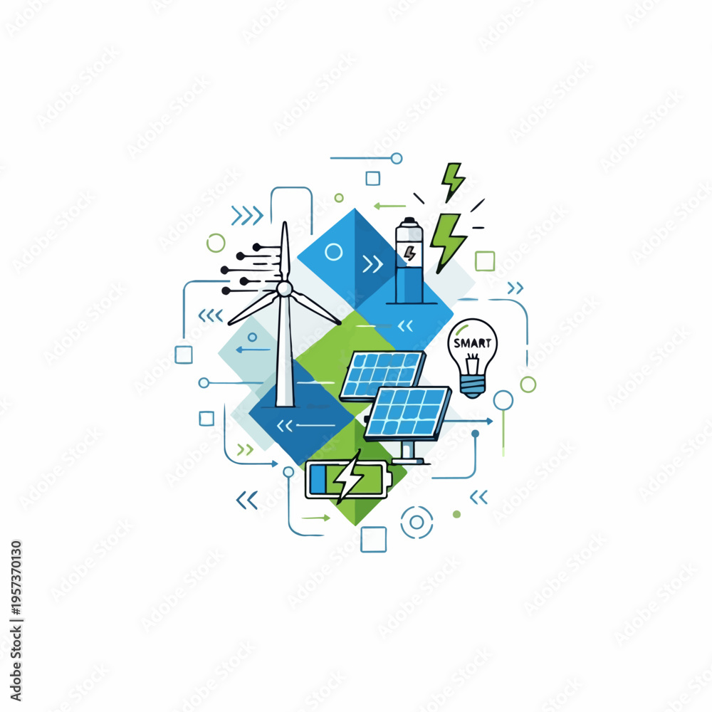 Fototapeta premium Sustainable technology concept illustrates renewable energy with solar panels and wind turbines.