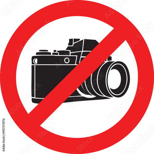 A clear red circular sign with a diagonal line prohibiting photography, depicting a black compact camera icon on a white background.