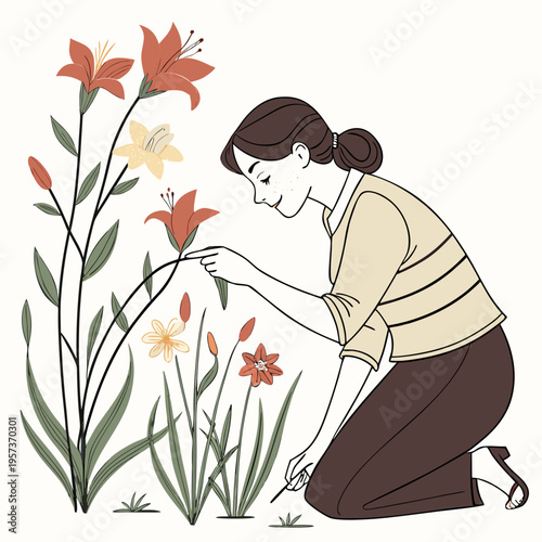 Woman touching flowers in garden brown hair beige shirt